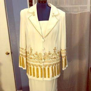 Women white suite with gold streamers